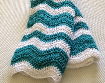 Ready to Ship Soft and Cozy Striped Aqua and white wave Baby Blanket - Beautiful and Luxuriously Handcrafted CROCHET Blanket