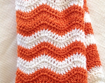 Ready to Ship Soft and Cozy Striped Tangerine and white wave Baby Blanket - Beautiful and Luxuriously Handcrafted CROCHET Blanket