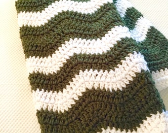 Ready to Ship  Soft and Cozy Striped Forest and White wave Baby Blanket - Beautiful and Luxuriously Handcrafted CROCHET Blanket