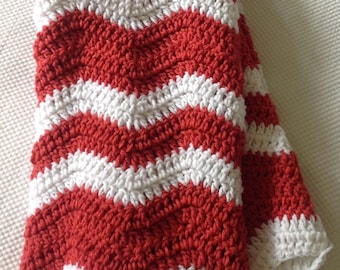 Ready to Ship  Soft and Cozy Striped Rouge and white wave Baby Blanket - Beautiful and Luxuriously Handcrafted CROCHET Blanket