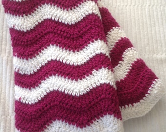 Ready to Ship  Soft and Cozy Striped Magenta and white wave Baby Blanket - Beautiful and Luxuriously Handcrafted CROCHET Blanket