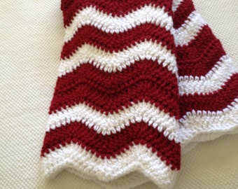 Ready to Ship Soft and Cozy Striped Burgundy and white wave Baby Blanket - Beautiful and Luxuriously Handcrafted CROCHET Blanket