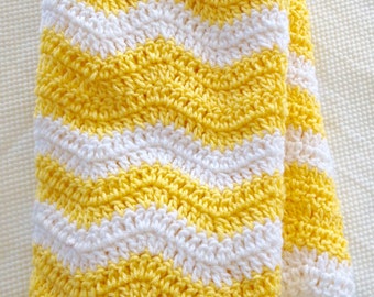 Ready to Ship  Soft and Cozy Striped Lemonl and white wave Baby Blanket - Beautiful and Luxuriously Handcrafted CROCHET Blanket