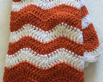 Ready to Ship Soft and Cozy Striped Pumpkin and white wave Baby Blanket - Beautiful and Luxuriously Handcrafted CROCHET Blanket