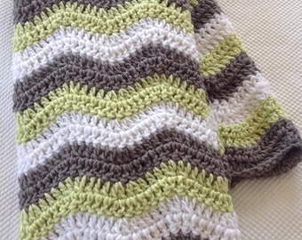 Ready to Ship Soft and Cozy Striped  silver grey, fern and white wave Baby Blanket - Beautiful and Luxuriously Handcrafted CROCHET Blanket