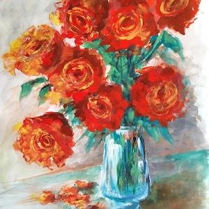 Gouache Paintings Gouache Red Flowers wall art Gouache colorful painting 30x40 cm Gouache wall art Gift for her Gift for flower lover
