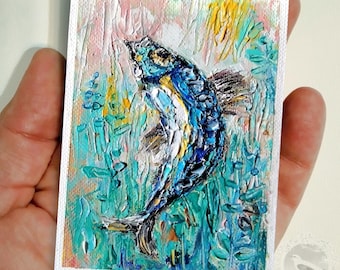 ACEO Sardine oil painting 2.5 х 3.5 Original small art with fish Tiny art cards Miniature picture