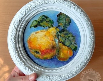 Pintura al óleo original de pera de 8 pulgadas, bodegón enmarcado redondo vintage, pequeña obra de arte de frutas, mini regalo de decoración de pared enmarcado