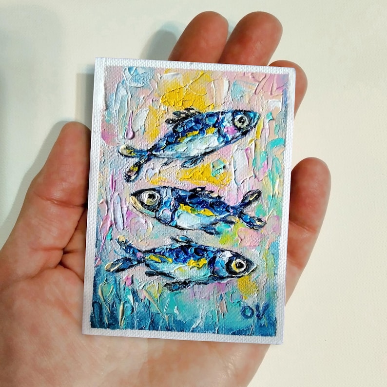 ACEO Original art Sardine oil painting Mini art Sardine wall art Aceo cards Fish oil painting Tiny painting Kitchen artwork Ukrainian art aceo artwork Aceo cards Sardine painting sardine artwork sardine wall art mini oil painting tiny art small artwork fish art fish wall decor small painting Mini art miniature painting OlgaViviArt