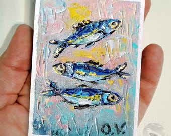 ACEO Original art Sardine oil painting Sardine wall decor Mini art Sardine wall art Aceo cards Fish oil painting Tiny painting Kitchen art
