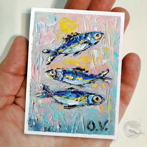 ACEO Original art Sardine oil painting Sardine wall decor Mini art Sardine wall art Aceo cards Fish oil painting Tiny painting Kitchen art