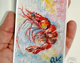 ACEO Original art Shrimp oil painting Mini art Shrimp wall decor Shrimp art Aceo artwork Tiny art Shrimp artwork Tiny painting Kitchen art