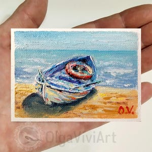 ACEO Arte originale Dipinto ad olio di barca Mini arte Riva Arte murale di barca Piccolo dipinto Piccola arte Arte di barca in legno Carte Aceo Dipinto di barca da pesca