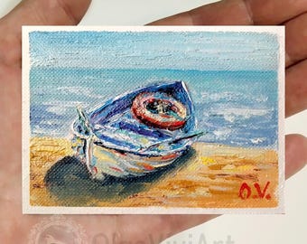 ACEO Original art Boat oil painting Mini art Shore Boat wall art Tiny painting Tiny art Wooden boat art Aceo cards Fishing boat painting