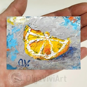 ACEO Original art Aceo lemon painting Gouache painting Aceo Lemon artwork Tiny painting Gouache original art Kitchen art Ukrainian art