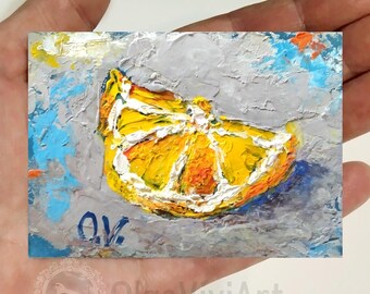 ACEO Original art Aceo lemon painting Gouache painting Aceo Lemon artwork Tiny painting Gouache original art Kitchen art Ukrainian art