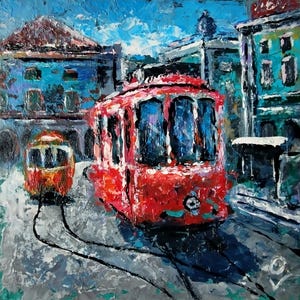 路面電車の絵画 赤い路面電車の壁アート 古い路面電車 都市景観の壁アート アクリル画 旅行用壁装飾 イスタンブールの路面電車 旅客用トロリー 市内の路面電車のアート