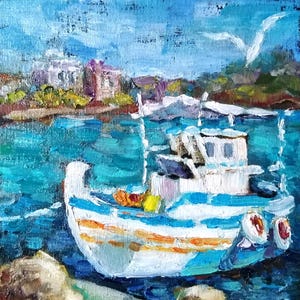 Boat Oil Painting on Canvas 7x9 inches Coastal Wall Decor Fishing Boat Wall Art Boat in Italy Coast Art Seascape Oil Painting