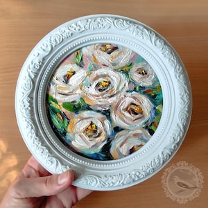 Roses Oil Painting Round Framed Artwork White Ornate Frame French Country Wall Art Framed Handmade Round Art Round Painting Framed art