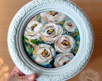 Roses Oil Painting Original 8x8 in Round Vintage Framed French Country Floral Wall Art Handmade