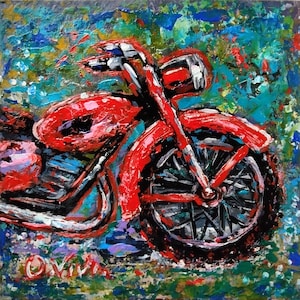 Arte de parede de motocicleta, decoração de parede para meninos, decoração de quarto de meninos, presente para um menino, presente para amantes de motocicletas, pintura de motocicleta vermelha com acrílicos impasto