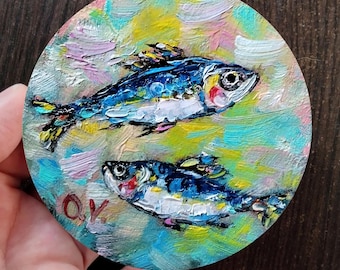 Sardine Oil Painting Sardine Wall Decor Fish Art Round Art Painting Fish Oil Painting Sardine Wall Art Mini Art Tiny Painting Kitchen Art