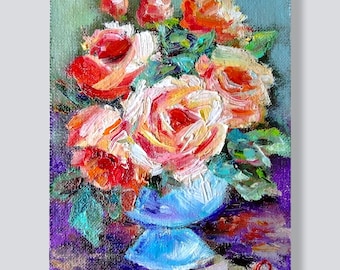 Pintura al óleo de rosa Decoración de pared de rosas Mini pintura en lienzo Obra de arte de rosa Pequeño arte original Arte de pared de rosas Pintura pequeña de flores Mini arte original