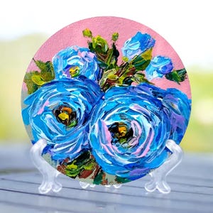 Peinture rose bleue ronde, petite peinture murale, toile ronde, mini oeuvre d'art originale, petite peinture, cadeau pour les amateurs de roses, cadeau pour elle