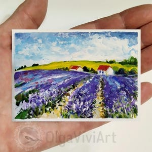 Lavender fields Original ACEO Card Gouache painting Hand painted landscape Small Format Art Collectible Art