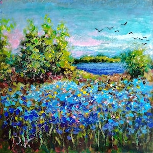 Arte de campo de flores silvestres, arte acrílica, pintura de prado azul, arte de parede de prado, paisagem azul, impasto, paisagem de flores, presente para ela, presente para mãe