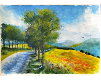 Pittura a guazzo Arte a guazzo Regalo per gli amanti della natura Arte murale a guazzo Pittura naturalistica Pittura di fattoria Arte di paesaggio sereno Arte murale rilassante