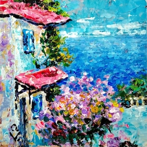 Arte de parede mediterrânea Decoração de parede de viagem Mediterrâneo Pequena pintura acrílica empastada Arte à beira-mar Arte de parede com afirmação positiva