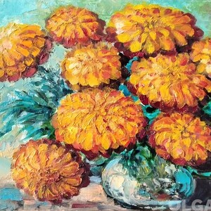 Arte de caléndula, regalo para el día de la madre, pintura al óleo original pintada a mano, regalo único hecho a mano para los amantes de las flores, arte de flores amarillas, regalo para la abuela