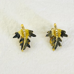 Vintage Clip-On Leaf Earrings Sugared with Rhinestones