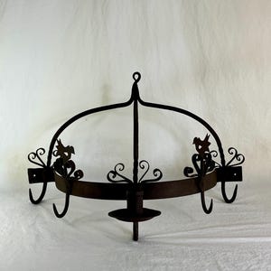 Vintage Iron Half Round Pot Hanger or Rack with Four Hooks and Candlestick Holder