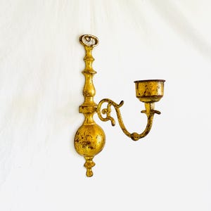 Vintage Gold Wall Candleholder Sconce – Painted Metal – 12.5”H – Distressed Patina