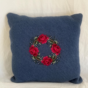 Vintage Floral Needlepoint Pillow With Pink Roses