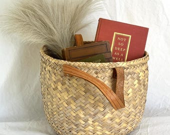 Small Straw Market Bag with Leather Handles