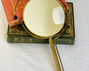 Vintage Brass Hand Mirror Magnifier with Unique Handle