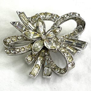 Vintage Rhinestone Bow Brooch with Flower Center