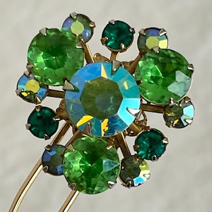 Vintage Rhinestone Hair Pin: Upcycled Green & AB Crystal French Pin