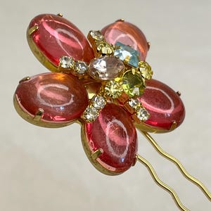 Vintage Rhinestone Flower Hair Pin: Repurposed Jewelry, Gold Tone