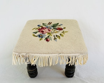 Vintage Needlepoint Stool – Rose Design 7.5"H