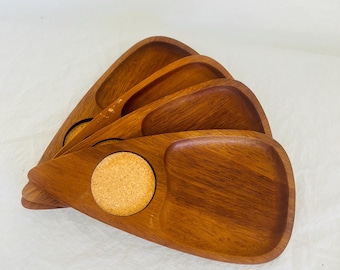 Set of 4 Vintage Wood Serving Trays – Mid-Century Snack Trays or Charcuterie Board with Cork Inserts