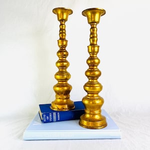 Vintage Gold Metal Candlestick Holders Pair – 15&quot;H