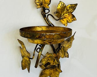 Vintage Italian Gilt Tole Wall Sconce with Leaf Design for Pillar Candle