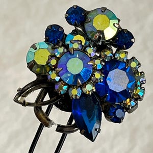 Vintage Jewelry Hair Pin Blue AB Rhinestones with Black Metal –  Handmade French Hair Pins with Repurposed Brooches and Earrings