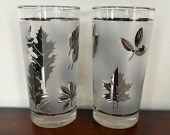 Vintage Libbey Falling Leaves Silver Frosted 5 1/2” Tall Collins Glasses a Pair