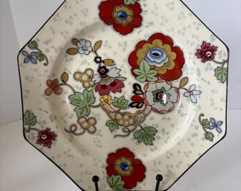 Piatto ottagonale vintage Crown Ducal England con decorazione floreale Art Déco a trasferimento di papaveri.