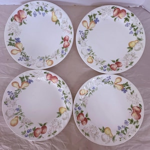 May include: Four round white ceramic plates arranged in a grid. Each plate features a decorative border pattern of colorful illustrations including red apples, yellow pears, clusters of blue berries, and green leaves on a white background.